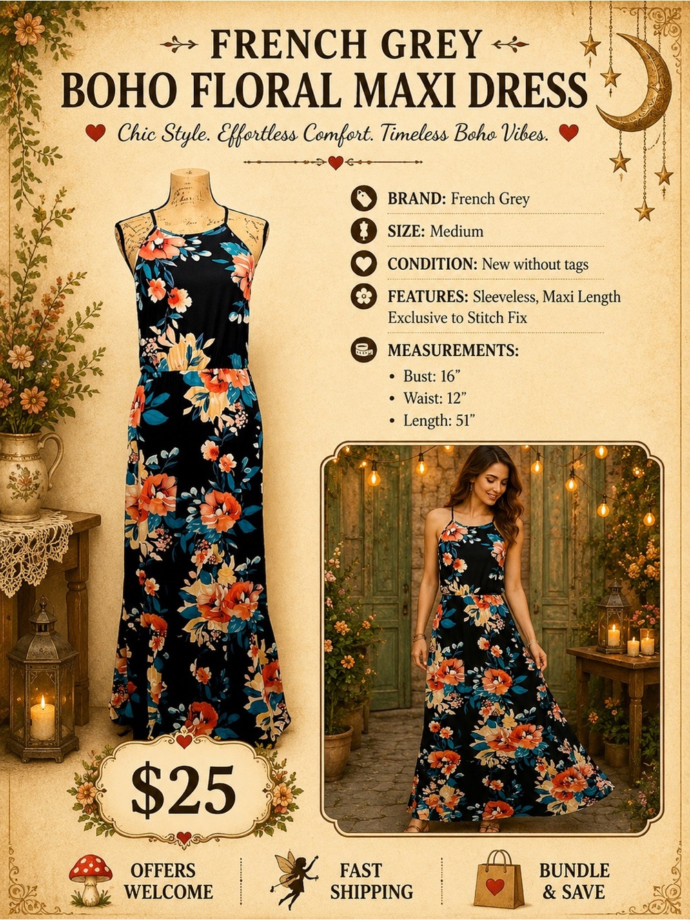 French Grey Boho Floral Maxi Dress Medium